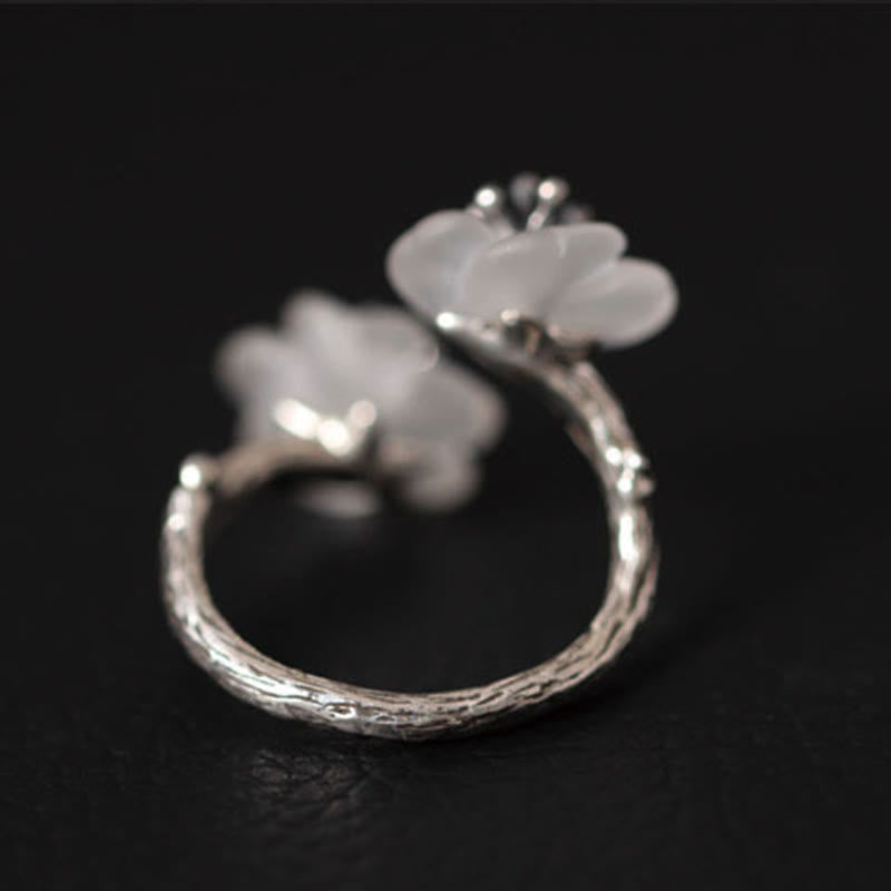 Anello di protezione regolabile con doppio fiore di prugna in cristallo bianco in argento sterling 925 Buddha Stones