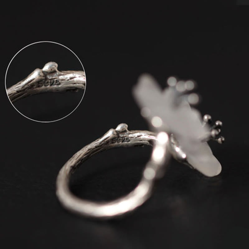 Anello di protezione regolabile con doppio fiore di prugna in cristallo bianco in argento sterling 925 Buddha Stones