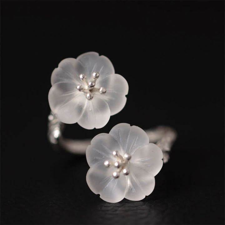 Anello di protezione regolabile con doppio fiore di prugna in cristallo bianco in argento sterling 925 Buddha Stones