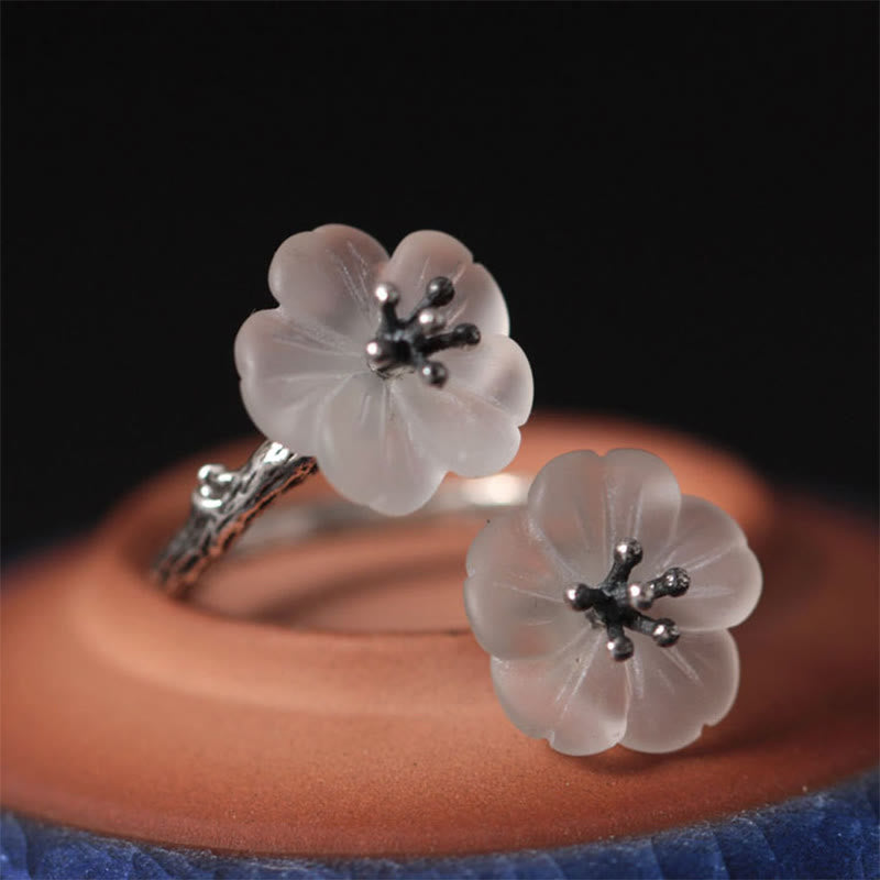 Anello di protezione regolabile con doppio fiore di prugna in cristallo bianco in argento sterling 925 Buddha Stones