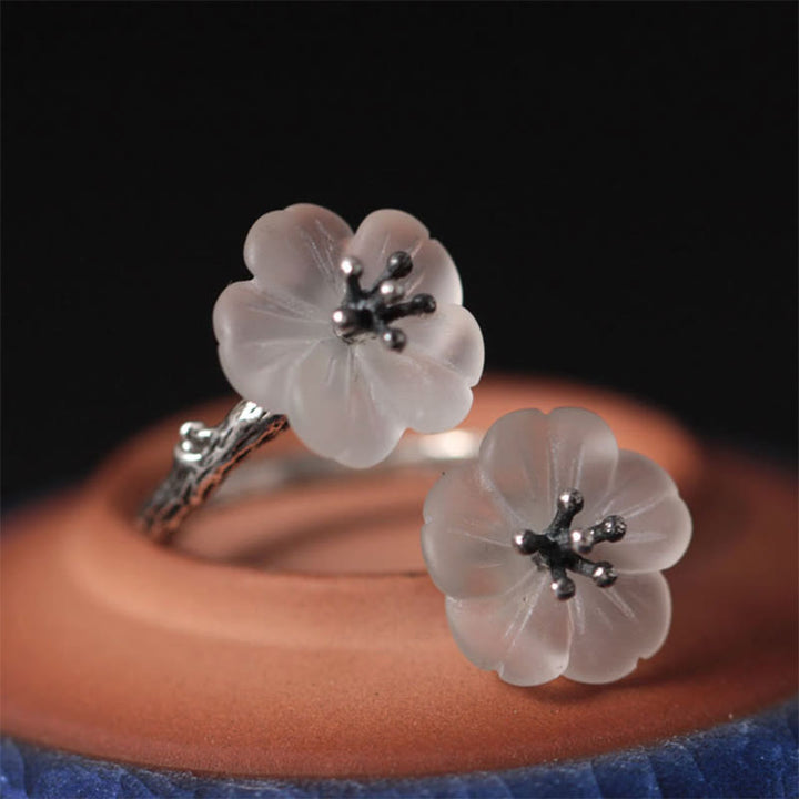 Anello di protezione regolabile con doppio fiore di prugna in cristallo bianco in argento sterling 925 Buddha Stones