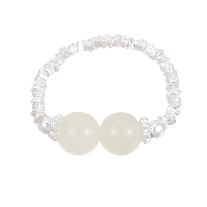 Anello elastico con perline di giada Hetian naturale in argento sterling 925 Buddha Stones