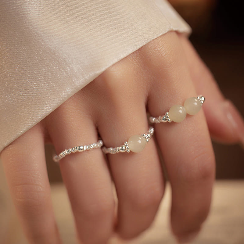 Anello elastico con perline di giada Hetian naturale in argento sterling 925 Buddha Stones - image 0