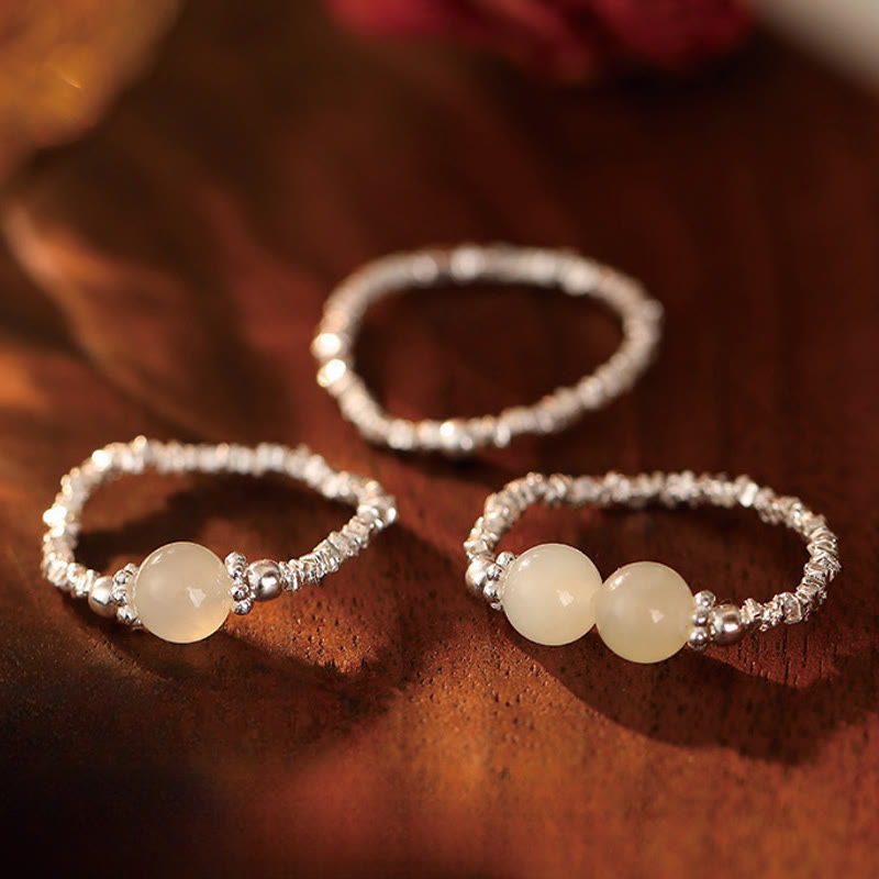Anello elastico con perline di giada Hetian naturale in argento sterling 925 Buddha Stones