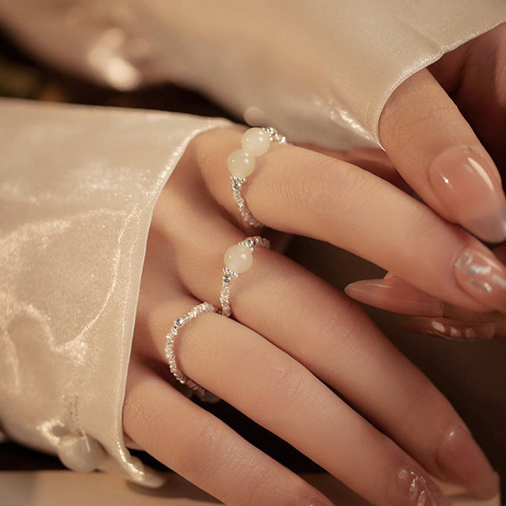 Anello elastico con perline di giada Hetian naturale in argento sterling 925 Buddha Stones - image 11