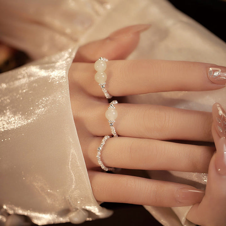 Anello elastico con perline di giada Hetian naturale in argento sterling 925 Buddha Stones - image 13