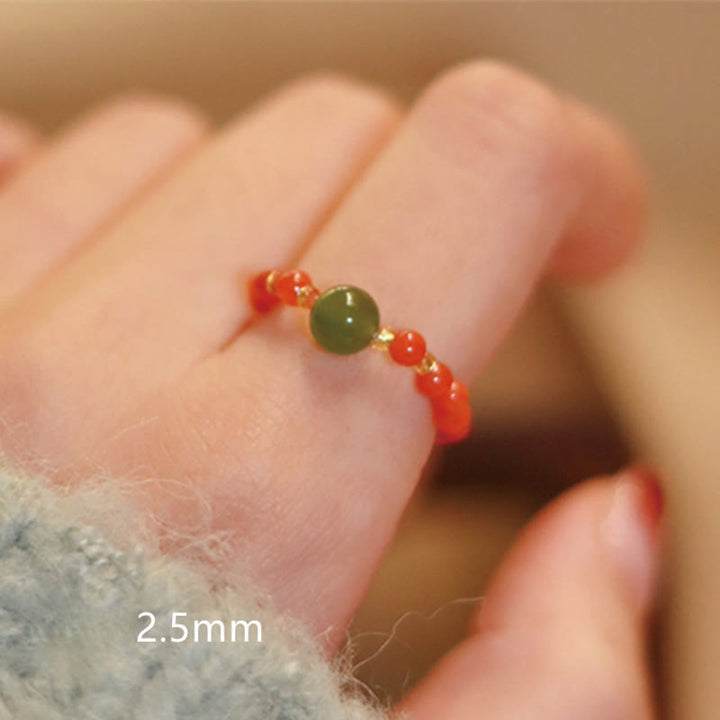 Buddha Stones 925 Sterling Silver Natural Small Hetian Jade Red Agate Pearl Bead Anello elastico della prosperità