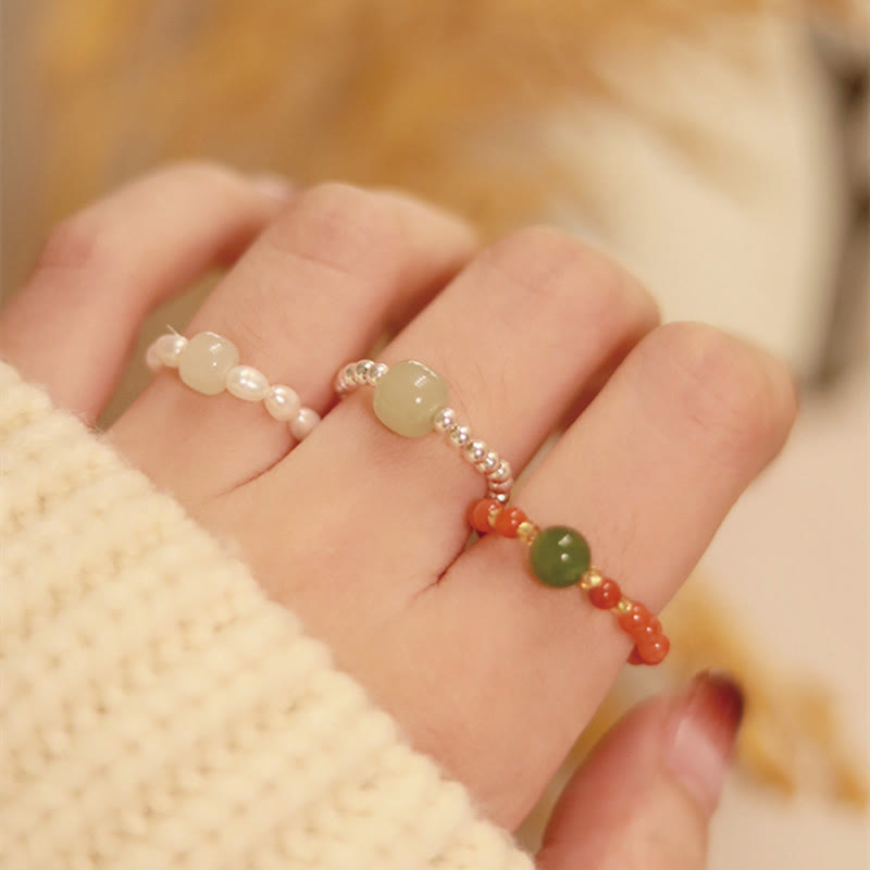 Buddha Stones 925 Sterling Silver Natural Small Hetian Jade Red Agate Pearl Bead Anello elastico della prosperità - image 0