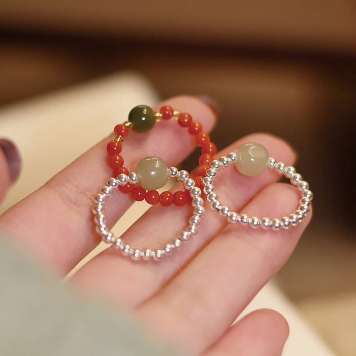 Buddha Stones 925 Sterling Silver Natural Small Hetian Jade Red Agate Pearl Bead Anello elastico della prosperità