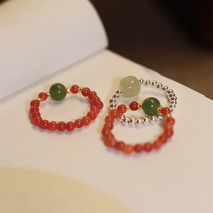 Buddha Stones 925 Sterling Silver Natural Small Hetian Jade Red Agate Pearl Bead Anello elastico della prosperità