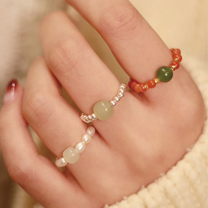 Buddha Stones 925 Sterling Silver Natural Small Hetian Jade Red Agate Pearl Bead Anello elastico della prosperità