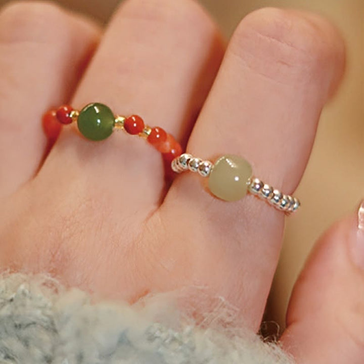Buddha Stones 925 Sterling Silver Natural Small Hetian Jade Red Agate Pearl Bead Anello elastico della prosperità