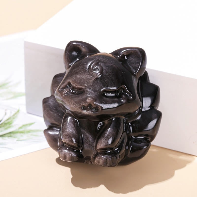 Buddha Stones in argento naturale, ossidiana lucida, protezione della volpe a nove code, decorazione per la casa