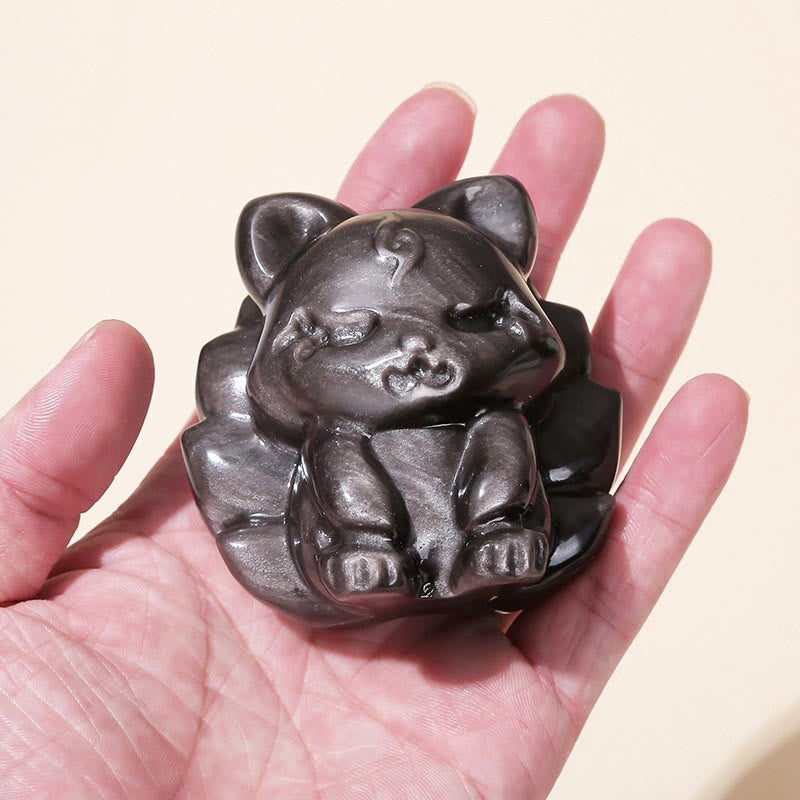 Buddha Stones in argento naturale, ossidiana lucida, protezione della volpe a nove code, decorazione per la casa