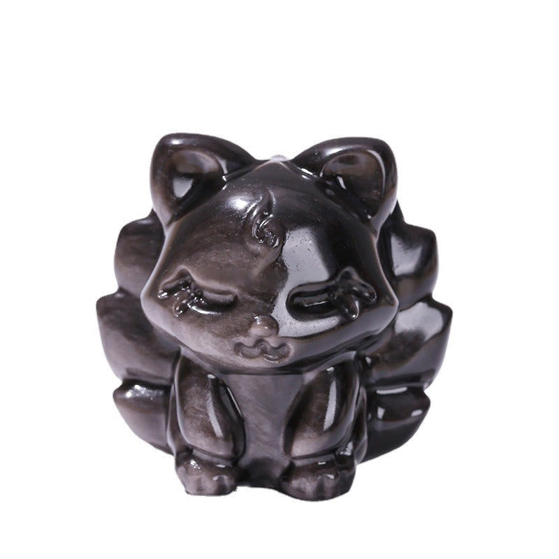 Buddha Stones in argento naturale, ossidiana lucida, protezione della volpe a nove code, decorazione per la casa