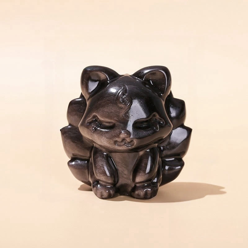 Buddha Stones in argento naturale, ossidiana lucida, protezione della volpe a nove code, decorazione per la casa