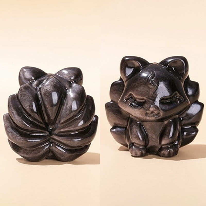Buddha Stones in argento naturale, ossidiana lucida, protezione della volpe a nove code, decorazione per la casa