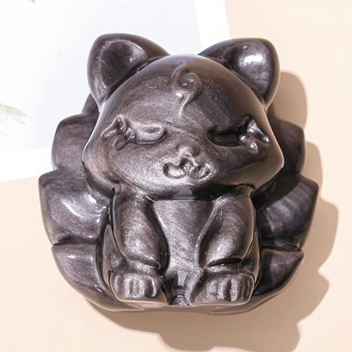 Buddha Stones in argento naturale, ossidiana lucida, protezione della volpe a nove code, decorazione per la casa