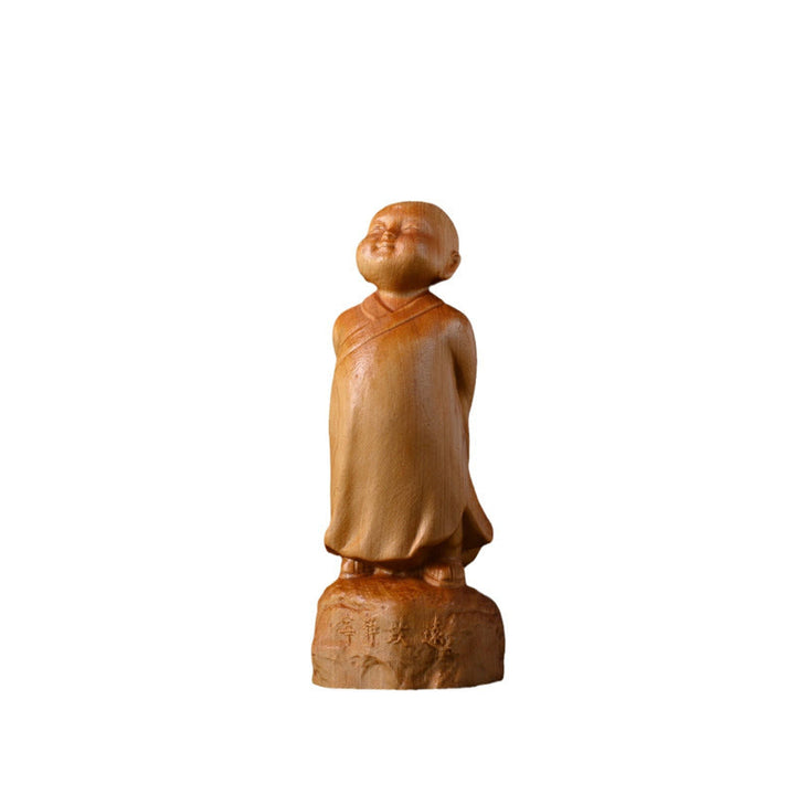 Buddha Stones Thuja Sutchuenensis Legno Statua Monaco in Piedi Decorazione Ottimista