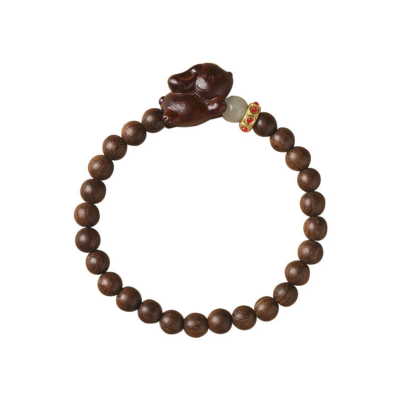 Braccialetto positivo con coniglio carino in legno di sandalo verde e oro Buddha Stones