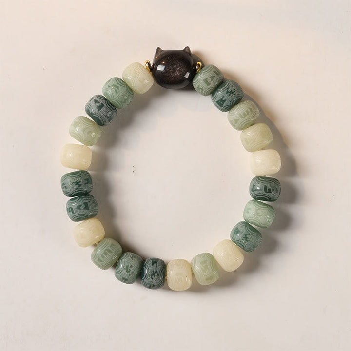 Braccialetto della saggezza con testa di gatto in ossidiana lucida in argento intagliato , semi di Bodhi, Om Mani Padme Hum - Semi di Bodhi verde 8*10 mm (circonferenza del polso 14-16 cm) - image 10