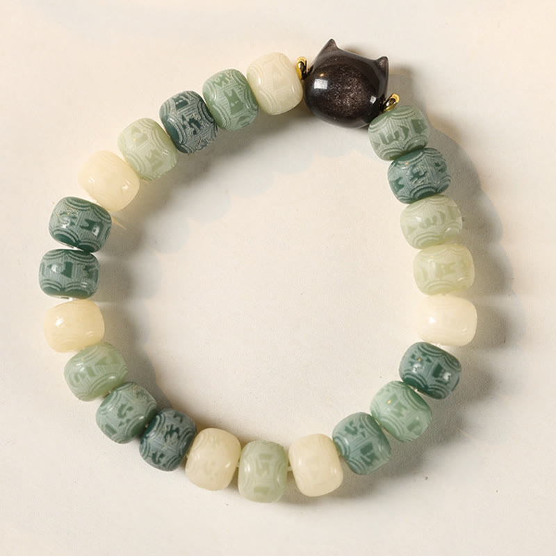 Braccialetto della saggezza con testa di gatto in ossidiana lucida in argento intagliato , semi di Bodhi, Om Mani Padme Hum - image 13