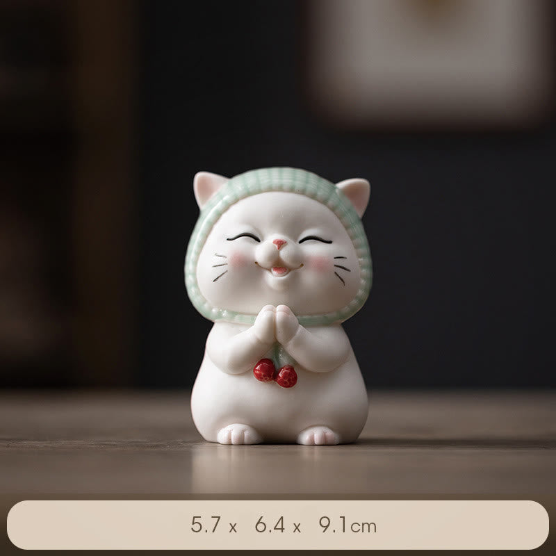 Buddha Stones Lucky Cute Cat In Sciarpa Decorazione Figurina in Ceramica