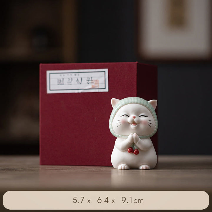 Buddha Stones Lucky Cute Cat In Sciarpa Decorazione Figurina in Ceramica