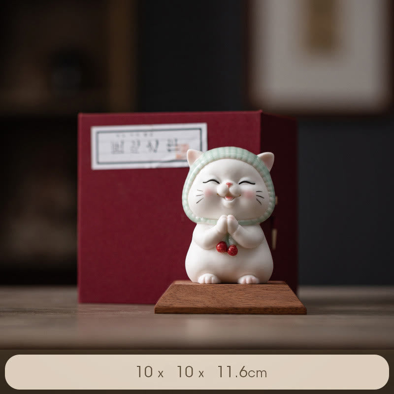 Buddha Stones Lucky Cute Cat In Sciarpa Decorazione Figurina in Ceramica