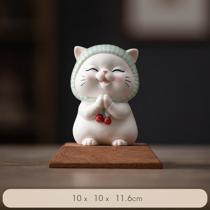 Buddha Stones Lucky Cute Cat In Sciarpa Decorazione Figurina in Ceramica