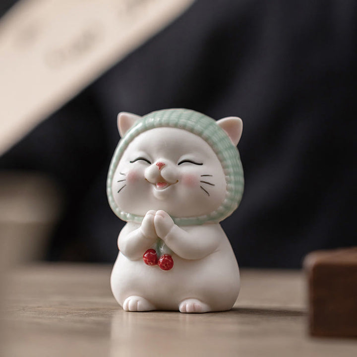 Buddha Stones Lucky Cute Cat In Sciarpa Decorazione Figurina in Ceramica