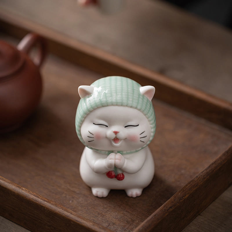 Buddha Stones Lucky Cute Cat In Sciarpa Decorazione Figurina in Ceramica
