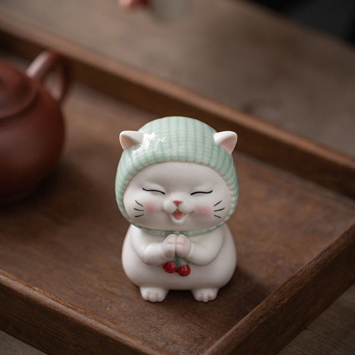 Buddha Stones Lucky Cute Cat In Sciarpa Decorazione Figurina in Ceramica