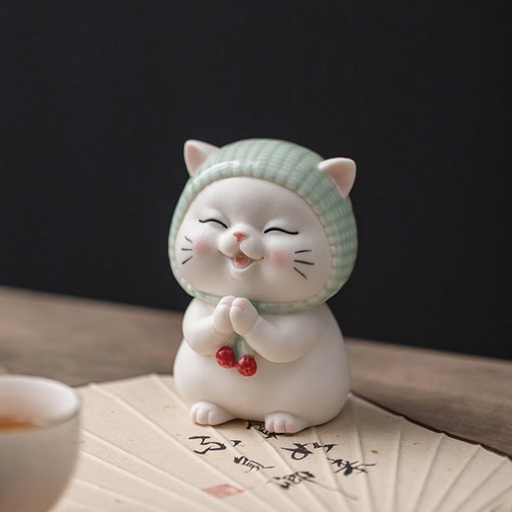 Buddha Stones Lucky Cute Cat In Sciarpa Decorazione Figurina in Ceramica