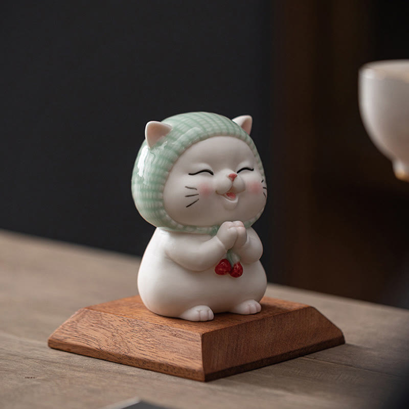 Buddha Stones Lucky Cute Cat In Sciarpa Decorazione Figurina in Ceramica - image 13