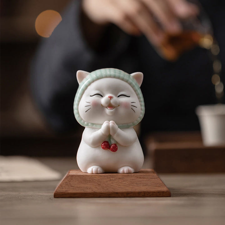 Buddha Stones Lucky Cute Cat In Sciarpa Decorazione Figurina in Ceramica