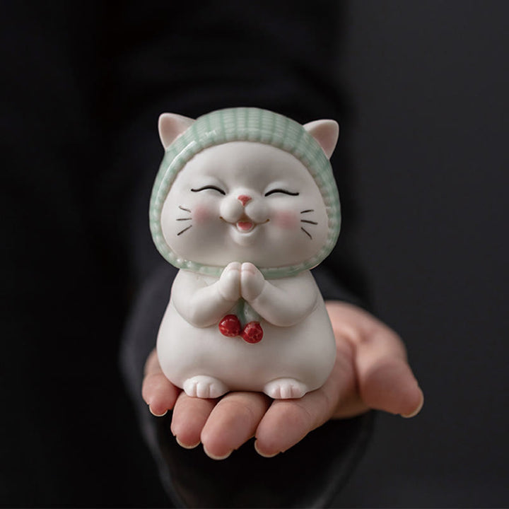Buddha Stones Lucky Cute Cat In Sciarpa Decorazione Figurina in Ceramica