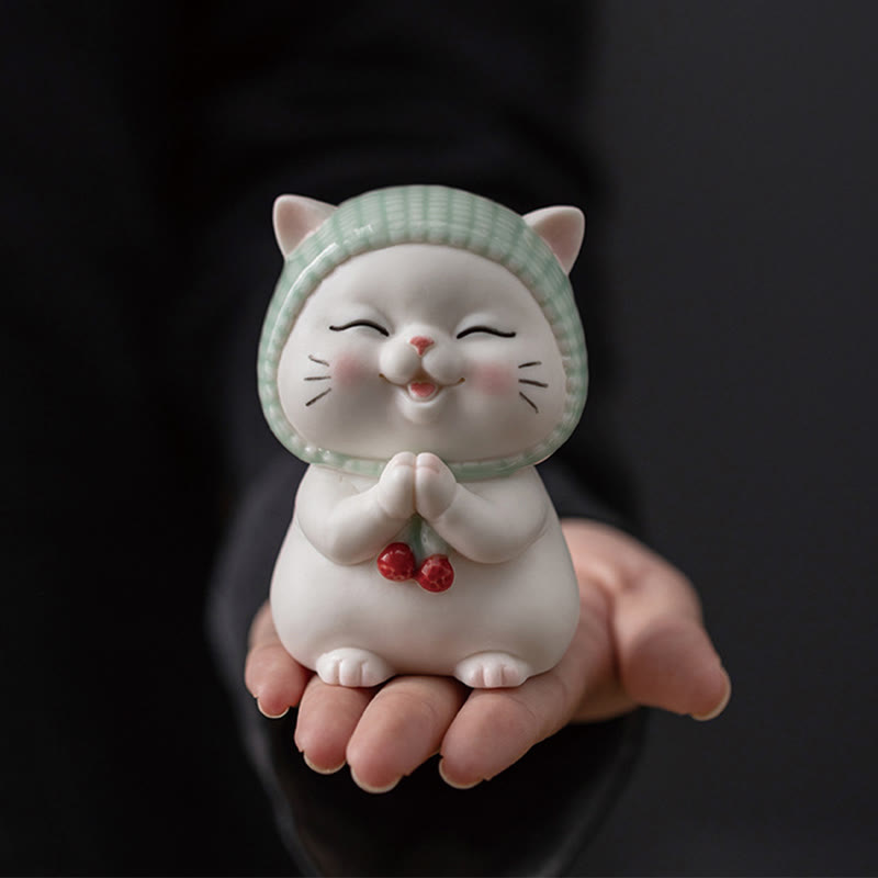 Buddha Stones Lucky Cute Cat In Sciarpa Decorazione Figurina in Ceramica - Gatto 5,7*6,4*9,1 cm - image 1