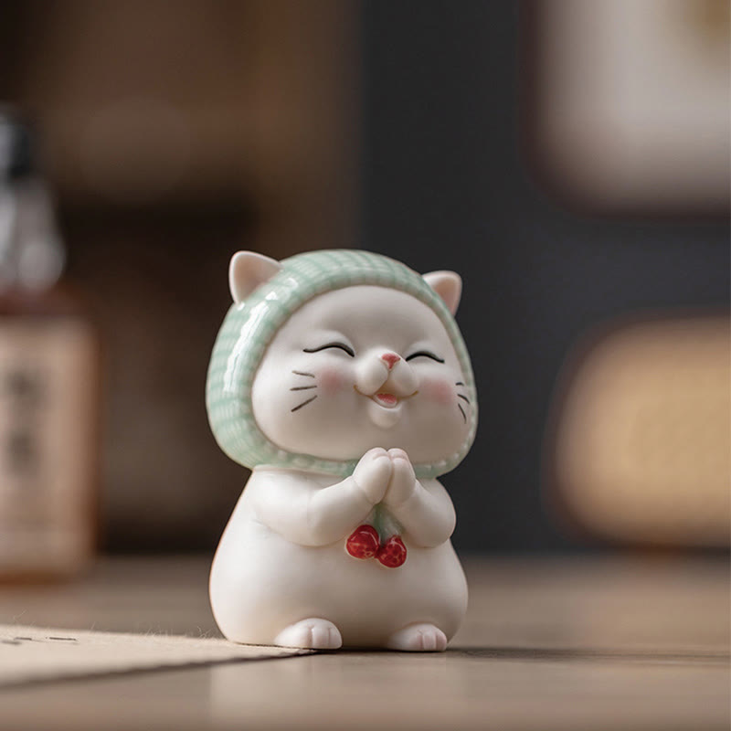 Buddha Stones Lucky Cute Cat In Sciarpa Decorazione Figurina in Ceramica