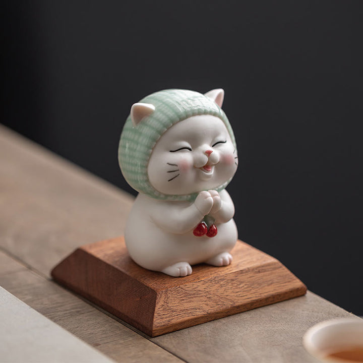 Buddha Stones Lucky Cute Cat In Sciarpa Decorazione Figurina in Ceramica