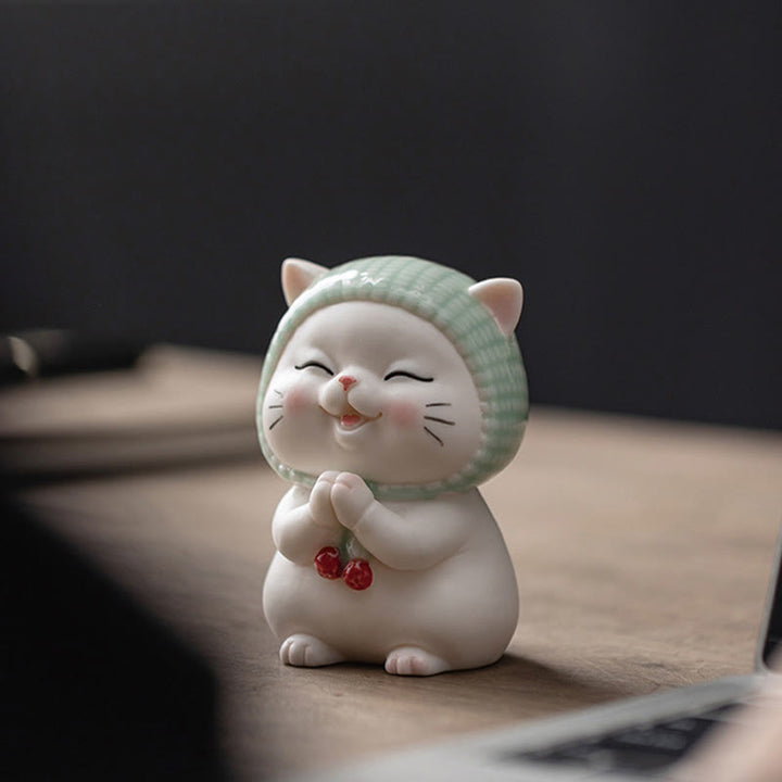 Buddha Stones Lucky Cute Cat In Sciarpa Decorazione Figurina in Ceramica
