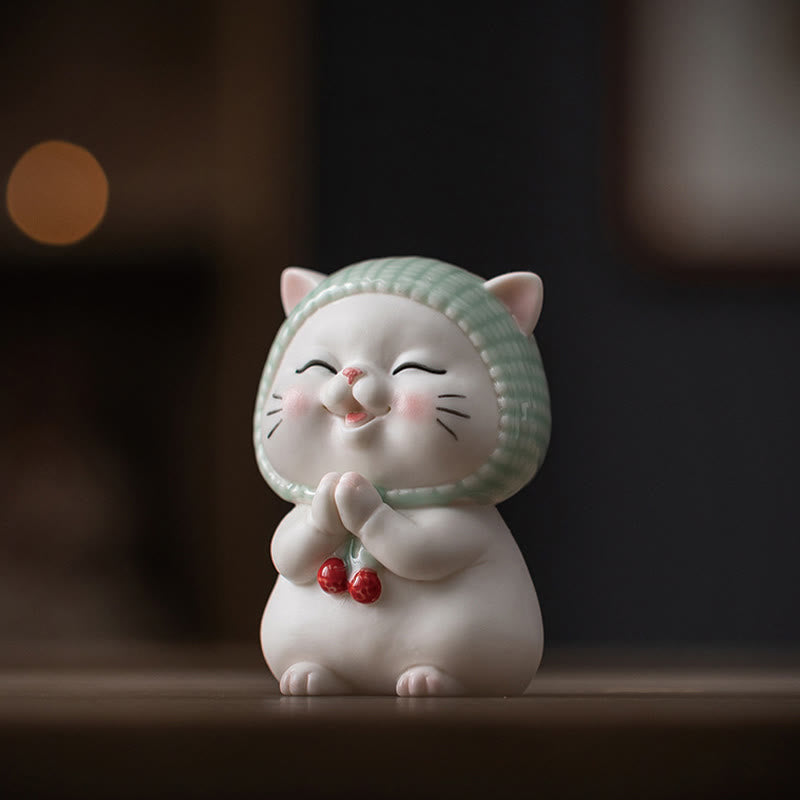Buddha Stones Lucky Cute Cat In Sciarpa Decorazione Figurina in Ceramica
