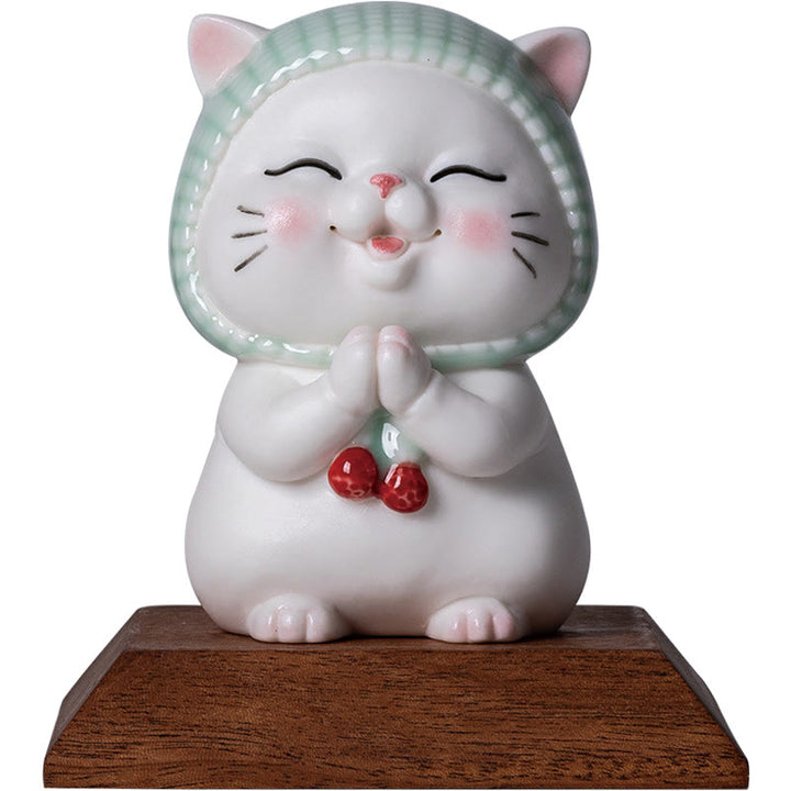 Buddha Stones Lucky Cute Cat In Sciarpa Decorazione Figurina in Ceramica