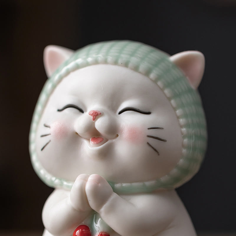Buddha Stones Lucky Cute Cat In Sciarpa Decorazione Figurina in Ceramica