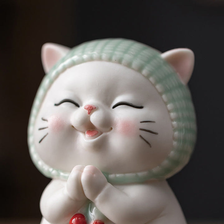 Buddha Stones Lucky Cute Cat In Sciarpa Decorazione Figurina in Ceramica