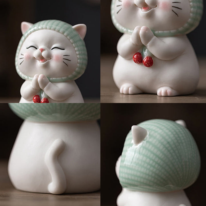 Buddha Stones Lucky Cute Cat In Sciarpa Decorazione Figurina in Ceramica - image 5