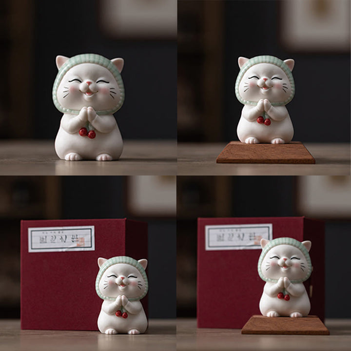 Buddha Stones Lucky Cute Cat In Sciarpa Decorazione Figurina in Ceramica