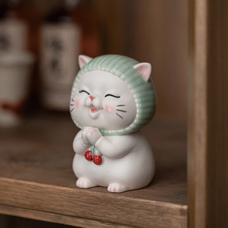 Buddha Stones Lucky Cute Cat In Sciarpa Decorazione Figurina in Ceramica - image 3
