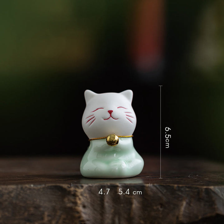 Buddha Stones Mini Lucky Cute Cat Figurina in ceramica verde chiaro bianca Decorazione - Gatto 4,5*8,1*5,3 cm - image 16