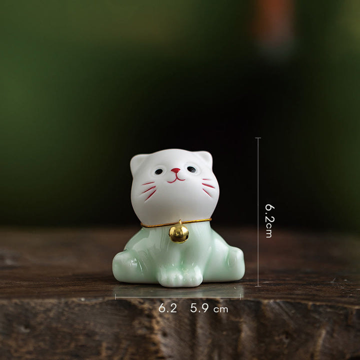 Buddha Stones Mini Lucky Cute Cat Figurina in ceramica verde chiaro bianca Decorazione - Gatto 6,2* 5,9 *6,2 cm - image 5